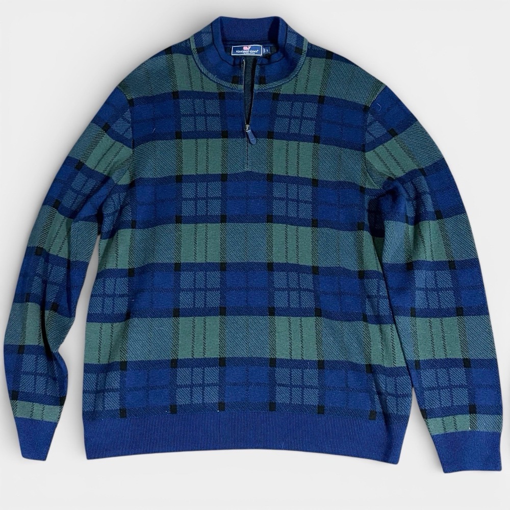 Vineyard Vines Boathouse Plaid Quarter Zip Merino Wool Cotton Sweater Mens L - Picture 2 of 11